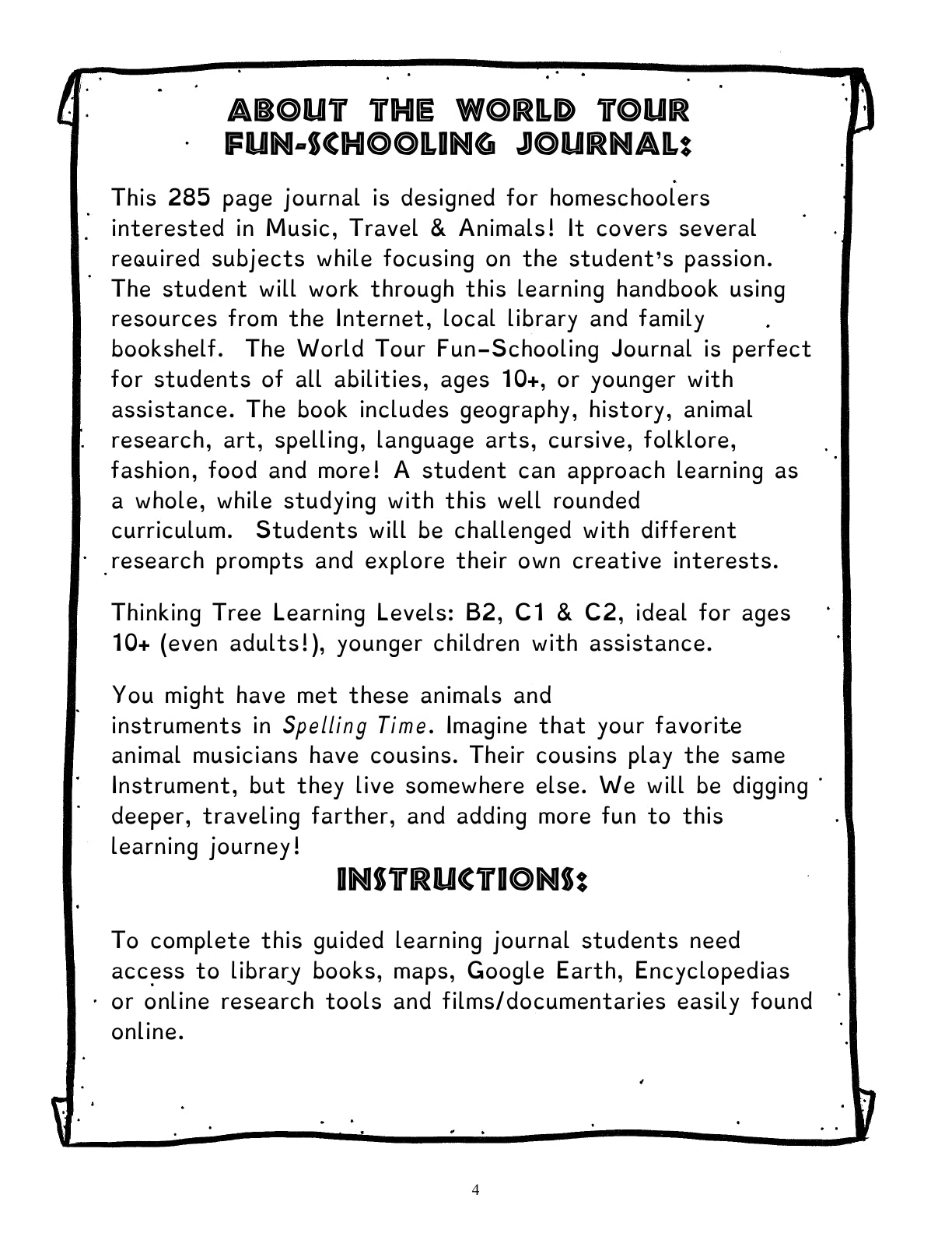 (Age 10+) World Tour Fun-Schooling Journal - Animals & Instruments